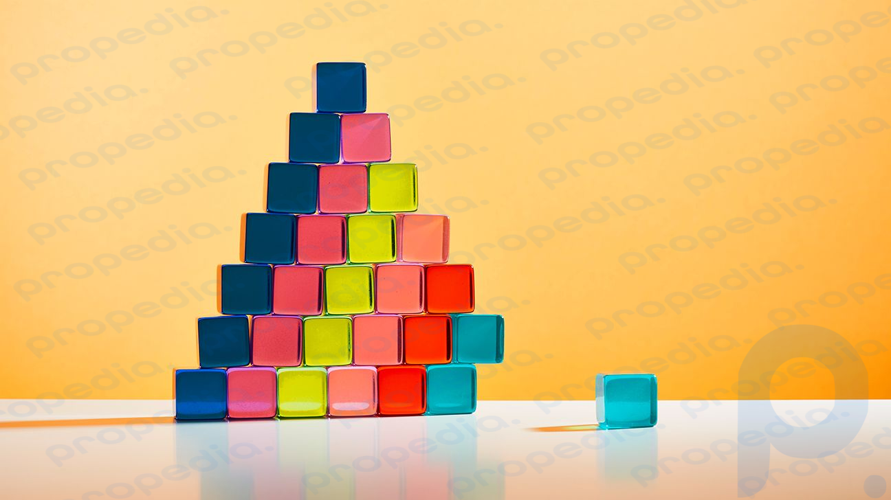 A nearly perfect pyramid of colorful glass blocks, with one at the bottom missing. 