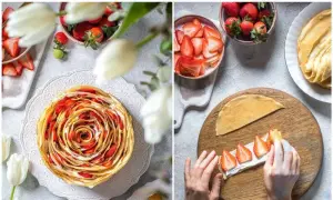 We are preparing an elegant pancake cake with strawberries: a treat for our dearest guests