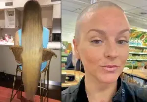 Die Britin Rapunzel hat sich seit 15 Jahren nicht die Haare schneiden lassen, aber sie hat sich für einen guten Zweck den Kopf rasiert
