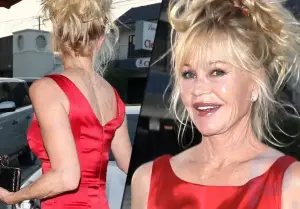 The shiny face of 60-year-old Melanie Griffith after Botox looks strange against the background of her flabby body: