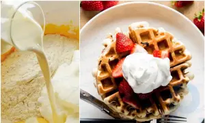 Recipe for a romantic breakfast: preparing Viennese waffles with strawberries and cream