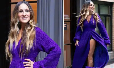 Sarah Jessica Parker boldly showed off her flabby legs in a plaid-like cardigan on her naked body