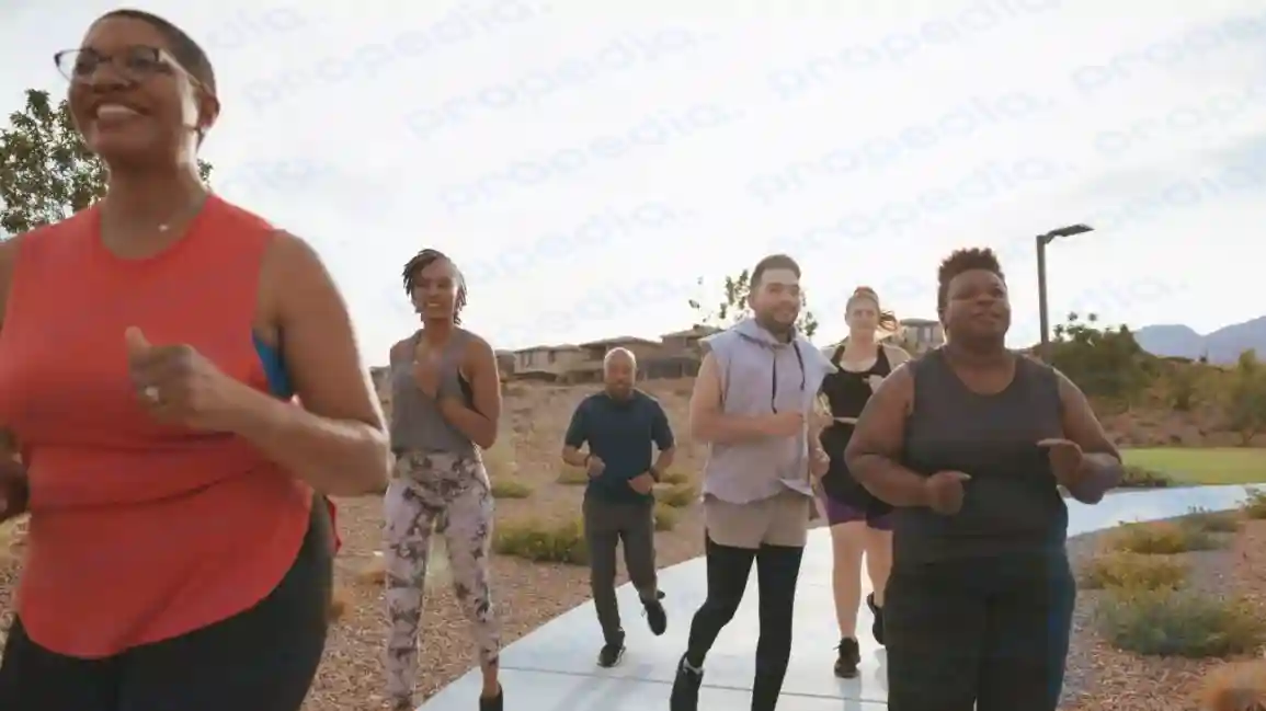A group of people jog together in a park to raise awareness of American Heart Month and the importance of heart-healthy lifestyle choices. 