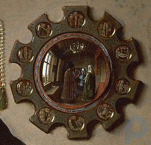 Gothic mirror, detail from The Marriage of Giovanni Arnolfini and Giovanna Cenami by Jan van Eyck, 1434; in the National Gallery, London.