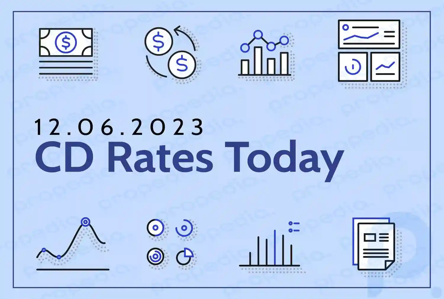 Custom illustration shows a light blue background with eight small images: a dollar, coins, a bar graph, three line graphs, and a document. The title reads 