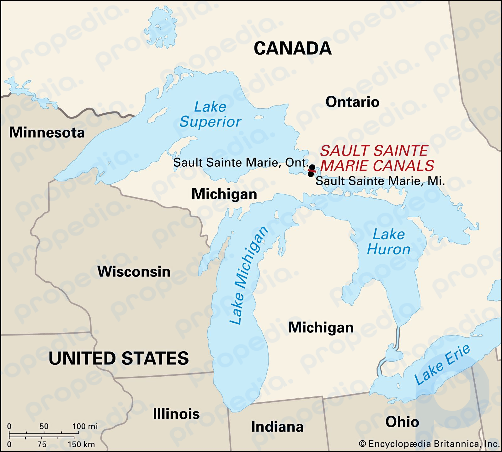 Sault Sainte Marie, Michigan, liegt auf der anderen Seite des St. Marys River von seiner Partnerstadt Sault Sainte Marie, Ontario.