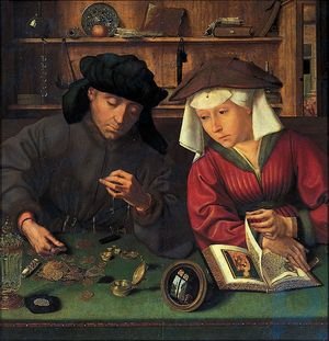 “El cambista y su esposa”, pintura de Quentin Massys, 1514;  en el Louvre, París