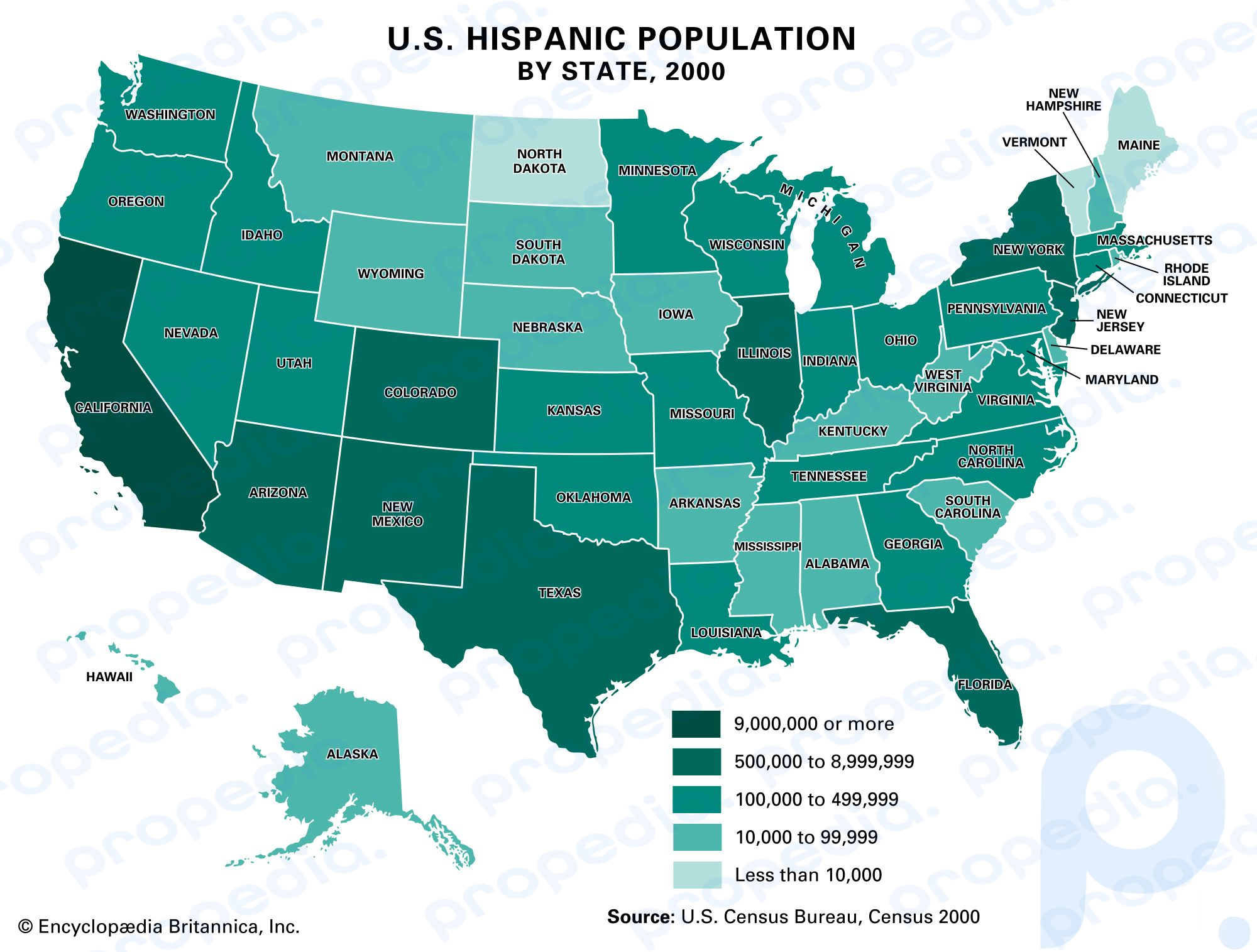Población hispana por estado en Estados Unidos, 2000.