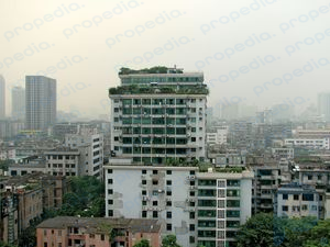 Высотное здание, покрытое растениями, в центре Гуанчжоу, провинция Гуандун, Китай.