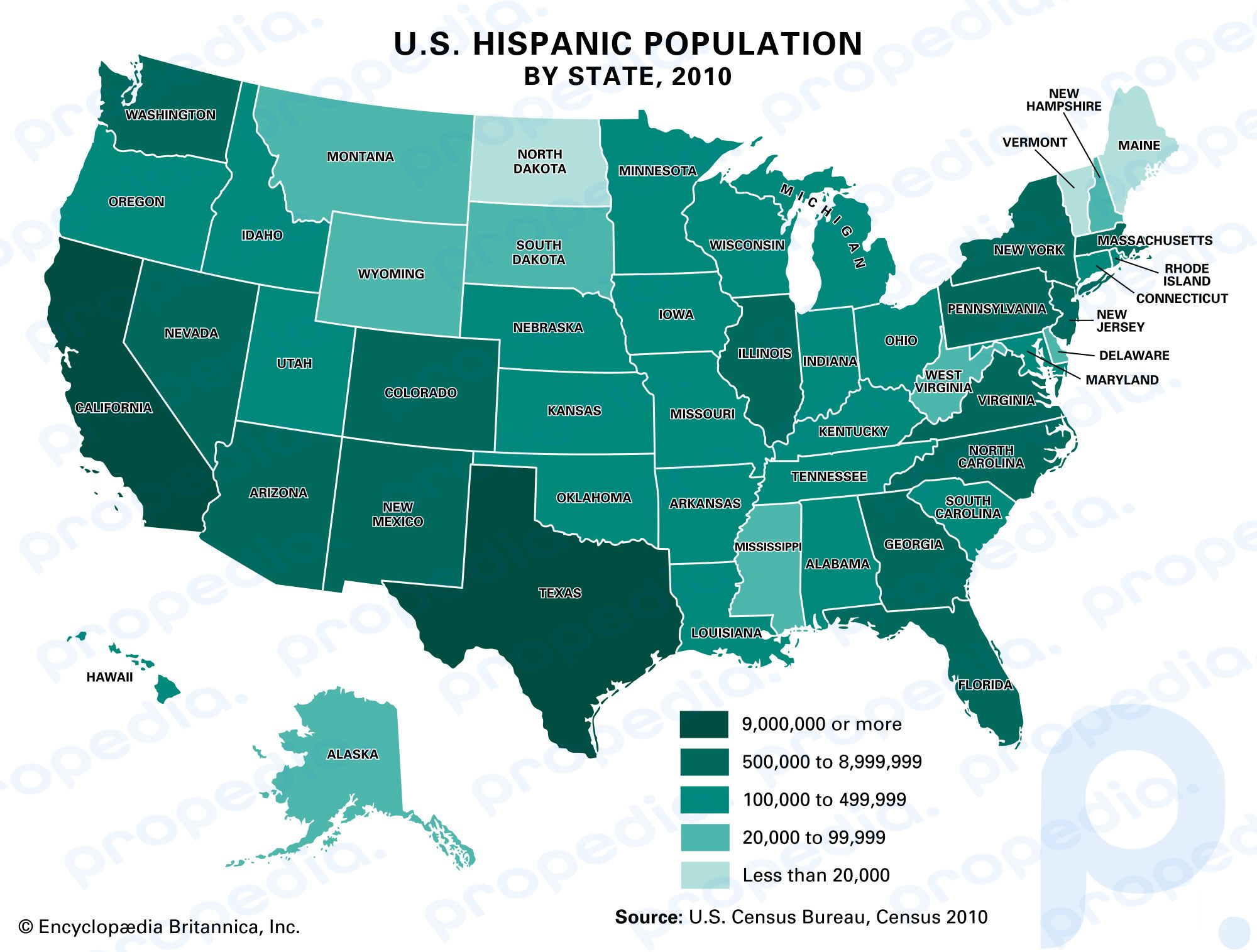 米国の州別ヒスパニック系人口、2010 年