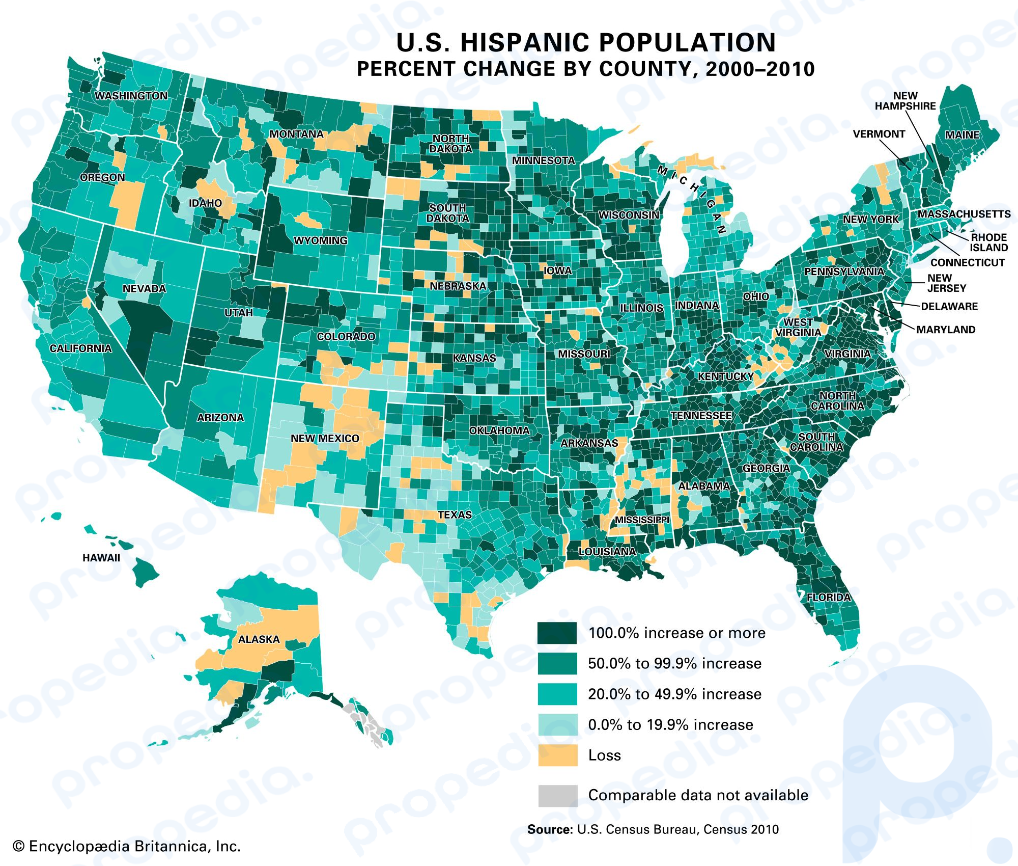 Изменение процента латиноамериканского населения США по округам, 2000–2010 гг.