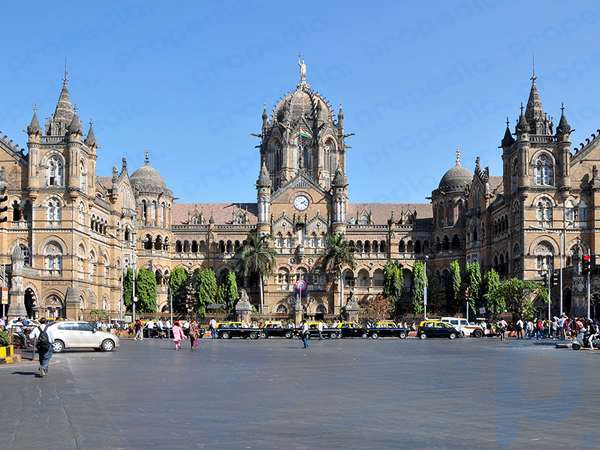 Das Äußere des Victoria-Endbahnhofs, Mumbai, Indien.  (Chhatrapati Shivaji Terminus, UNESCO-Weltkulturerbe)