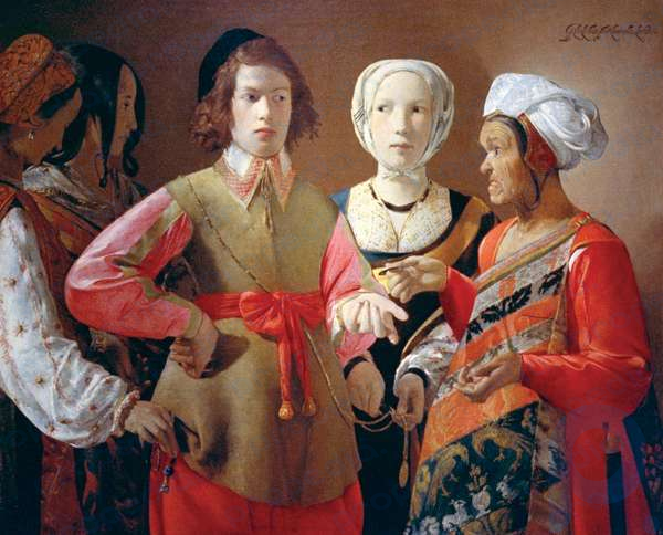 El adivino, óleo sobre lienzo de Georges de La Tour, probablemente de la década de 1630;  en el Museo Metropolitano de Arte de la ciudad de Nueva York.  (101,9 x 123,5 cm.) (La adivina)