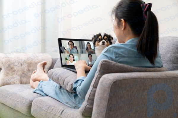A woman sitting on her couch with her dog during a Zoom meeting. Video chatting with family. Personal computer. laptop