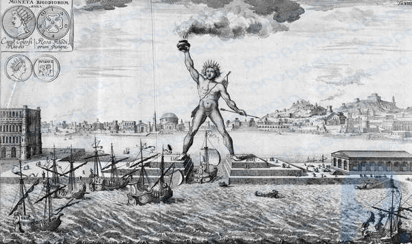 The Colossus of Rhodes is often depicted as straddling the harbor entrance, but this would have been technically impossible. The statue of the sun god Helios instead stood upright next to the harbor. Seven Wonders of the World.