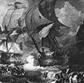 La Flota del Canal Británico de la Marina Real bajo el mando del Almirante Lord Howe se enfrenta a la Flota Atlántica Francesa, comandada por el Contralmirante Villaret-Joyeuse en la batalla del Glorioso Primero de Junio ​​durante las Guerras Revolucionarias Francesas el 1 de junio de 1794 frente a la Isla...