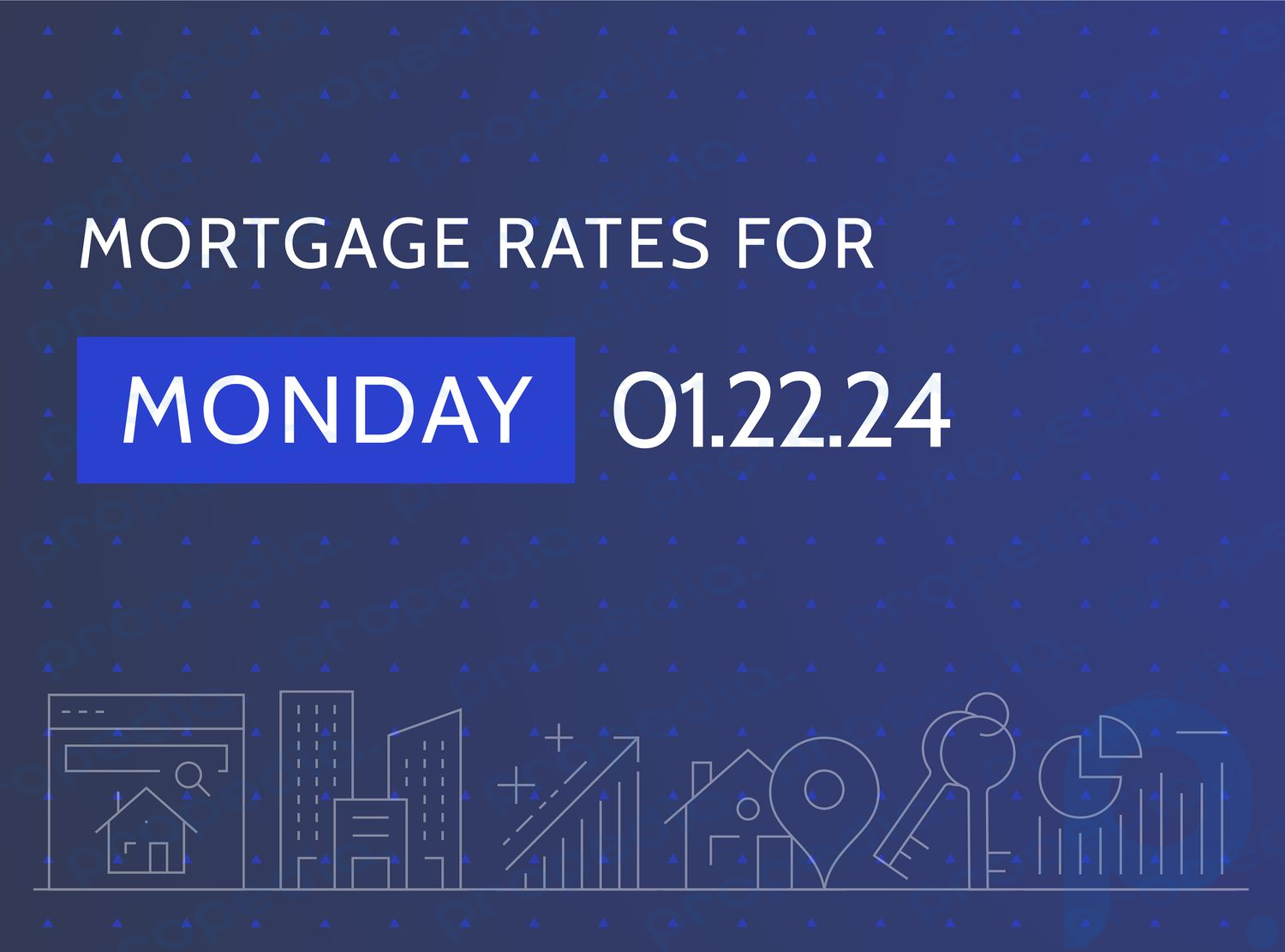 Темно-синий фон с надписью «Ставки по ипотеке на понедельник 22.01.24» над различными графическими изображениями, связанными с жильем.
