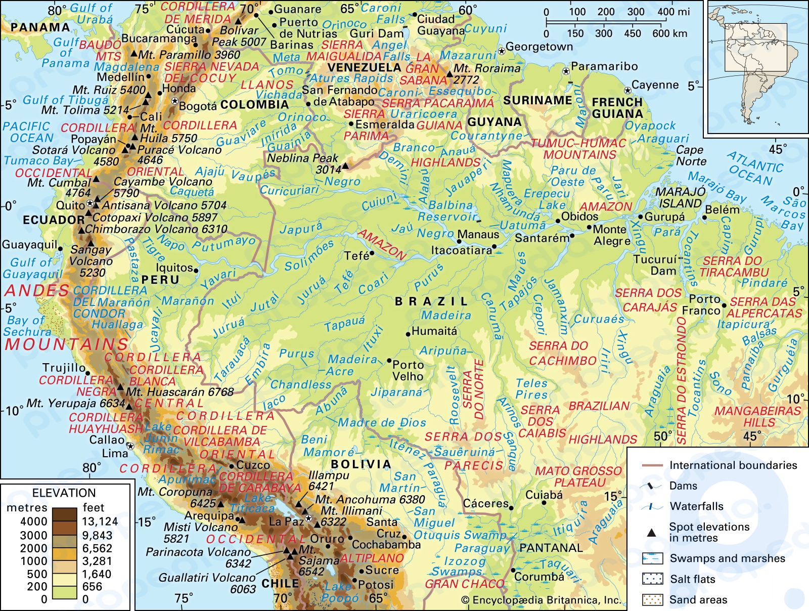 Orta ve Kuzey And Dağları ve Amazon Nehri havzası ve drenaj ağı