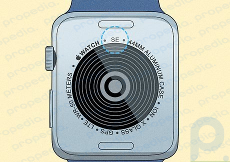 Apple Watch seriyasi va oʻlchami soat yuzining orqa tomonida chop etilgan.