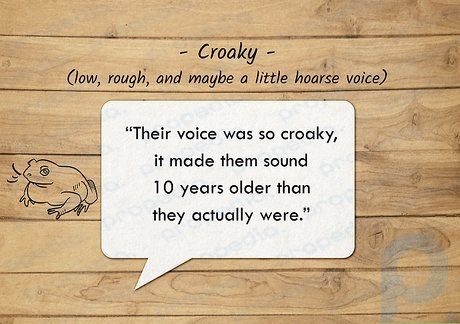 Croaky voices are low, rough, and maybe a little hoarse.
