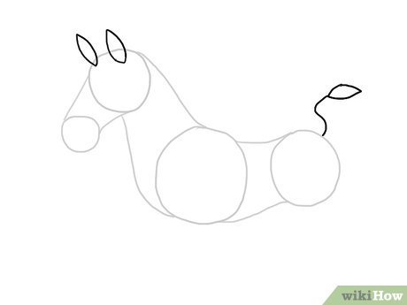 Schritt 5 Zeichnen Sie spitze Ovale für die Ohren und den Schwanz und zeichnen Sie eine Kurve, um den Schwanz mit dem Körper zu verbinden.