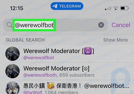 Passo 3 Toque na barra de pesquisa e digite @werewolfbot.
