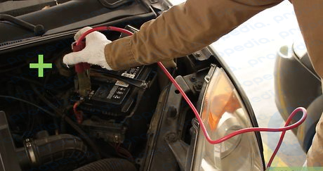 Step 3 Connect each end of the positive jumper cable to the positive terminals on each car battery.