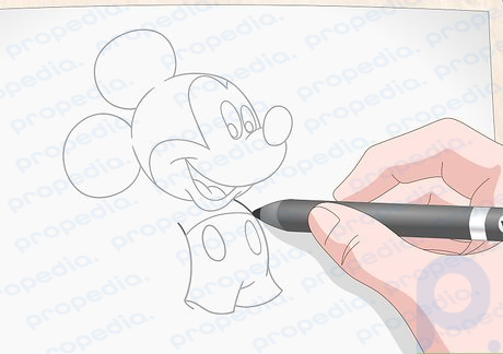 Step 4 Draw 2 shorter lines coming up from the sides of the pants towards Mickey’s head.