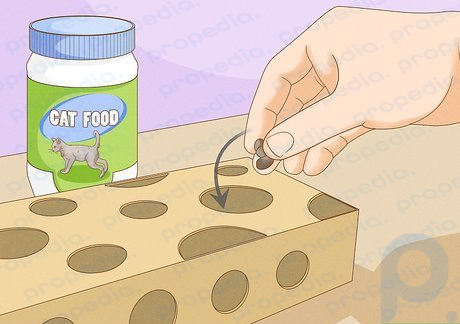 Шаг 2. Спрячьте еду или лакомства по всему дому, чтобы кошка могла их найти.